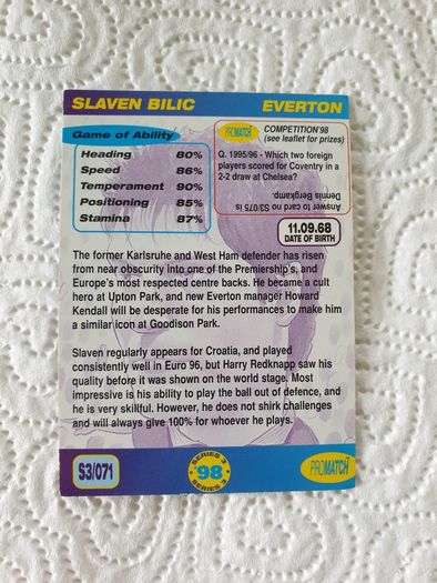 Slaven Bilic Everton and Croatia Trading Card 1998 to 1999