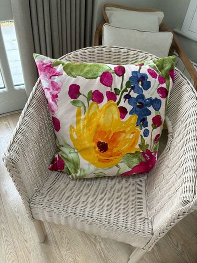 Wicker chair, cushion & matching storage chest