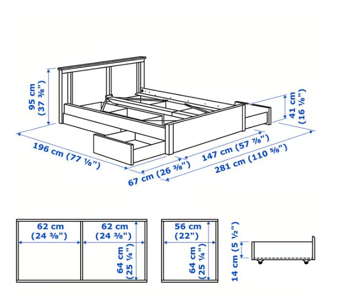 IKEA SONGESAND Bed frame with 4 storage drawers