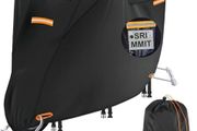 Motorcycle Cover Heavy Duty, 420D Universal Motorbike Covers, Sun,Waterproof Outdoor Protection,with License Plate Window, 4 Reflective Strips, Lock-Holes Storage Bag(L 86" x 37" x 43"