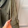 olive green faux-suede double-breasted coat featuring a prominent plush F U R colla Image 6