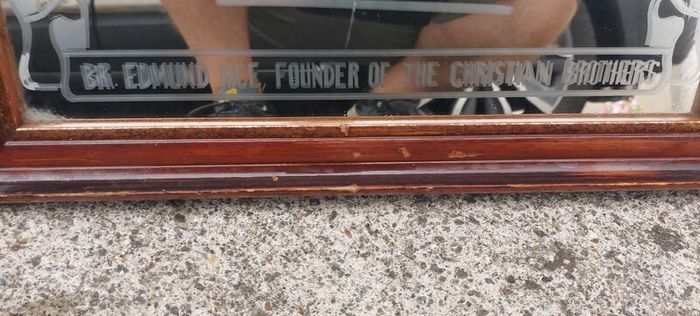 Dr Edmund Rice founder of the Christian brothers etched mirror,came from a old school,hard to come by ,heavy,lovely display,a piece of irish history,,hard to come by, buyer collects,sold as seen ,sorry pics not more clearer,I gave wood a light polish.