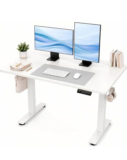 Electric Standing Desk 120 x 60cm, Height Adjustable Sit Stand Desk with 3 Memory Presets, Home Office Desk with Anti-Collision System, Quiet Motor, 2 Hooks, White