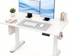 Electric Standing Desk 120 x 60cm, Height Adjustable Sit Stand Desk with 3 Memory Presets, Home Office Desk with Anti-Collision System, Quiet Motor, 2 Hooks, White