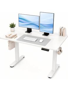 Electric Standing Desk 120 x 60cm, Height Adjustable Sit Stand Desk with 3 Memory Presets, Home Office Desk with Anti-Collision System, Quiet Motor, 2 Hooks, White