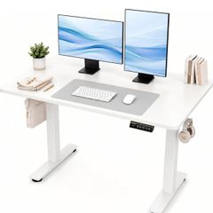 Electric Standing Desk 120 x 60cm, Height Adjustable Sit Stand Desk with 3 Memory Presets, Home Office Desk with Anti-Collision System, Quiet Motor, 2 Hooks, White