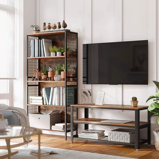 TV Stand for TV up to 43 Inches, Industrial Design Console / Lowboard / Living Room Table, Metal Frame, Wood Grain, Vintage, Dark Brown