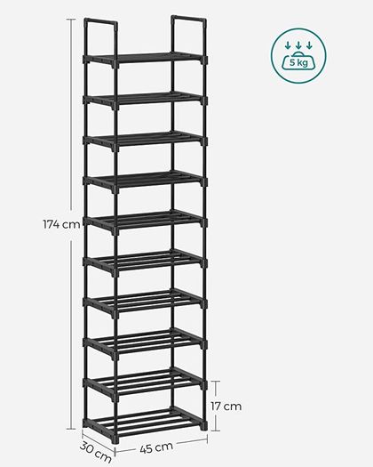 Shoe Rack, 10-Tier Metal Shoe Storage Organiser, Customisable Design, Metal Frame, Space-Saving Rack, for Dressing Room, Hallway, 30 x 45 x 174 cm, available in Black/Grey (FREE POSTAGE)