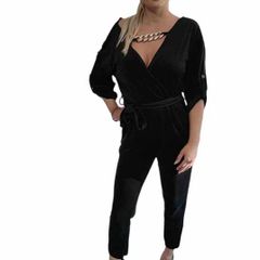 Surplice neck velvet jumpsuit