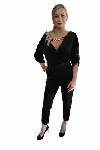 Surplice neck velvet jumpsuit
