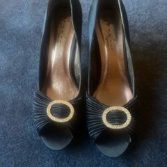 Navy Satin Peep-Toe Dress Shoes.