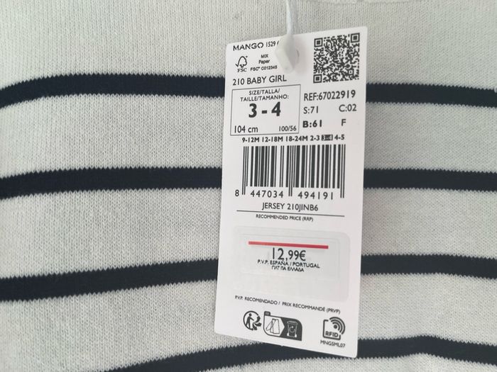 Mango kids nautical cream & navy stripe cotton jumper Sz3-4 BNWT
