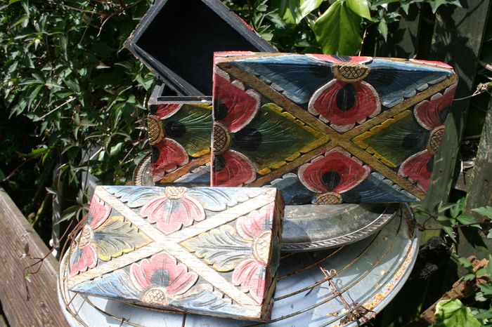 Vintage Two Carved Boxes Wooden Jewelry Hand Painted Handmade  Home Decor 10"x6" H 6" and 8,2"x4,5" H 4,2"