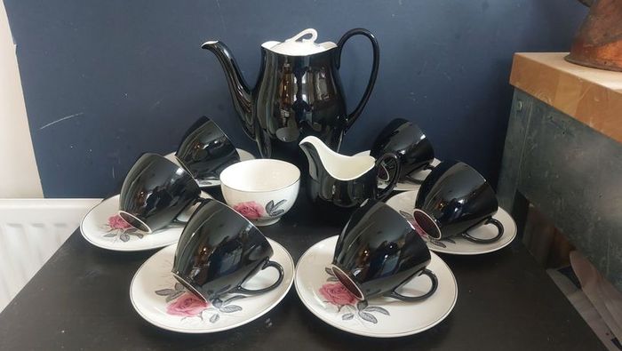 Stunning Vintage MCM 1950's Coffee Set for Six, Including Coffee Pot, by Johnson Bros, in Black and Cream with Pink Rose Detailing and Platinum Gilt Design