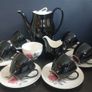 Stunning Vintage MCM 1950's Coffee Set for Six, Including Coffee Pot, by Johnson Bros, in Black and Cream with Pink Rose Detailing and Platinum Gilt Design Image 3