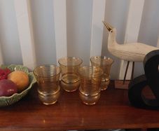 Fabulous Set of Four Vintage Retro Mid-Century-Modern Tumblers with Gilt Banding and a Lovely Unusual Shape, Unknown Maker but Likely from Bohemia or Czechoslovakia