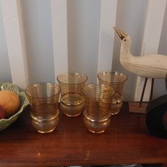 Fabulous Set of Four Vintage Retro Mid-Century-Modern Tumblers with Gilt Banding and a Lovely Unusual Shape, Unknown Maker but Likely from Bohemia or Czechoslovakia