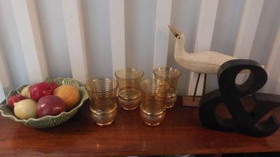 Fabulous Set of Four Vintage Retro Mid-Century-Modern Tumblers with Gilt Banding and a Lovely Unusual Shape, Unknown Maker but Likely from Bohemia or Czechoslovakia