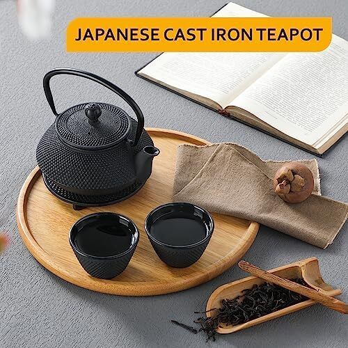 Iron Teapot set, Traditional Japanese Tetsubin Tea Kettle Cast Iron Teapot with Stainless Steel Infuser, Antique Small Dot Design, 2 Iron Cups and Trivet Stand Tray, 700ML/ 24OZ