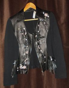 Women's Black Leather Embroidered Jacket