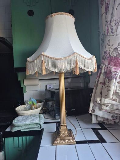 Tall lamp Vintage Gold metal Neoclassical  column lamp with silk called fringed tassled shade
