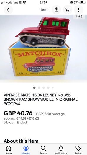 Matchbox 35. Snow-trac. 1964. In box. Missing tracks, price reflects.