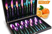 Rainbow Cutlery Set, HOBO 24 Piece Stainless Steel Flatware Set, Silverware Dinnerware Set Service for 6, Tableware Cutlery Include Knife/Fork/Spoon/Teaspoon for Home with Gift Box(Rainbow Multicolor)