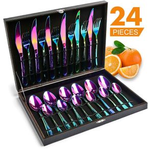 Rainbow Cutlery Set, HOBO 24 Piece Stainless Steel Flatware Set, Silverware Dinnerware Set Service for 6, Tableware Cutlery Include Knife/Fork/Spoon/Teaspoon for Home with Gift Box(Rainbow Multicolor)