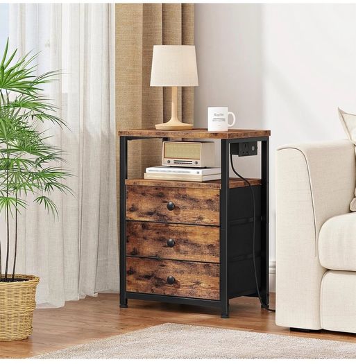Bedside Table with Charging Station, End Table with 3 Fabric Drawers, Sofa Side Table with USB Ports and Socket, Nightstand for Bedroom, Living Room, Rustic Brown and Black