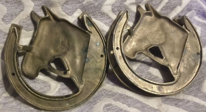 two brass horse shoe door knockers