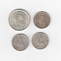 SWISS, HELVETIA, 4 x  83.5% silver coins (no. 385)