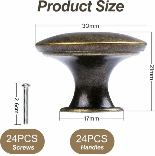 24PCS Vintage Cabinet Knobs, Chic Drawer Knobs, Antique Bronze Kitchen Cupboard Handles, 30mm Round Furniture Door Knobs