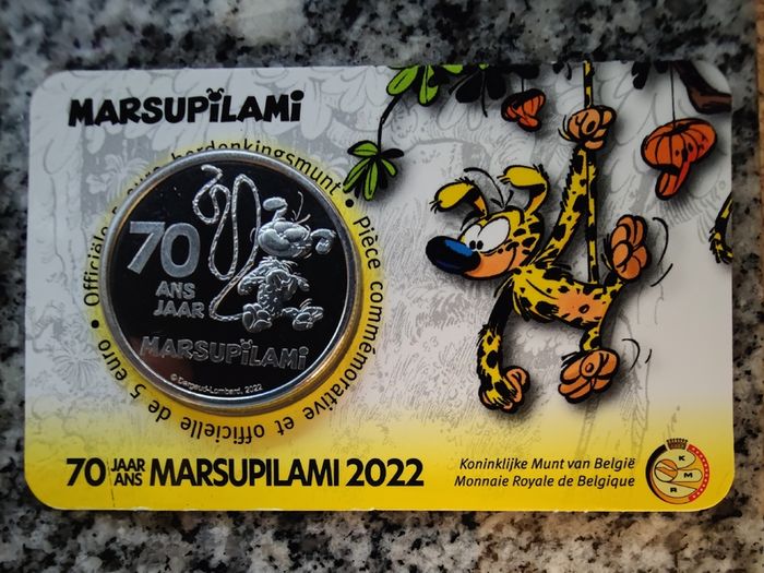 Belgium 5 Euro Base Metals Brilliant Uncirculated Coin 2022 - 70 years Marsupilami (Relief) - Belgian Coincard Catalogue