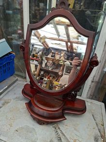 1850s to 1890s Antique Victorian Mahogany Shield-Shaped Dressing Table Mirror featuring Carved Scroll Supports and a Lift-up Trinket Compartment, Postage Available