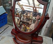 1850s to 1890s Antique Victorian Mahogany Shield-Shaped Dressing Table Mirror featuring Carved Scroll Supports and a Lift-up Trinket Compartment, Postage Available