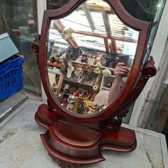1850s to 1890s Antique Victorian Mahogany Shield-Shaped Dressing Table Mirror featuring Carved Scroll Supports and a Lift-up Trinket Compartment, Postage Available