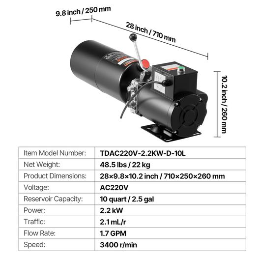 Hydraulic Pump Power Unit, AC 220V, 10 Quart Single Acting Hydraulic Unit, 6.3 L/min Oil Flow