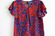 Pre Owned Cobalt Blue &amp; Orange Abstract Print Flutter Sleeve Top