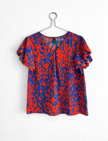 Pre Owned Cobalt Blue & Orange Abstract Print Flutter Sleeve Top