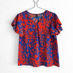 Pre Owned Cobalt Blue & Orange Abstract Print Flutter Sleeve Top