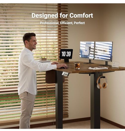 Electric Standing Desk 120x60cm Height Adjustable Desk with 3 Memory Presets & Sit Stand Reminder, Quiet Home Office Computer Desk with LED Display, Cable Holes & Hooks, Rustic Brown
