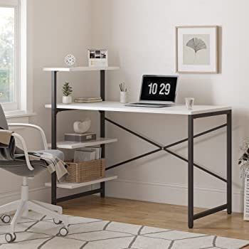 Small Computer Desk with Shelves 100x50x98 cm, Home Office Desk, Study Writing Office Table, 4 Tier Shelf, White (FREE SHIPPING)