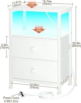 Bedside Table with Charging Station, Side Table with LED Light, Nightstand with 2 Fabric Drawers and Open Storage Shelf, Small Bedside Cabinet for Living Room, Bedroom, White