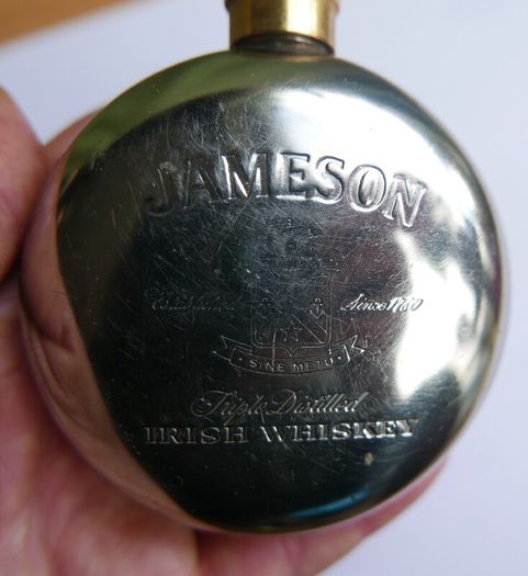 Vintage Jameson  Whiskey Hip Flask Round Flask, Pewter, brass- Screw Top