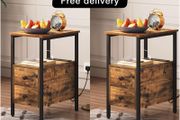 2 Side Tables, Narrow Bedside Rustic Brown
