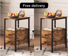 2 Side Tables, Narrow Bedside Rustic Brown
