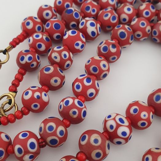 Antique Venetian Style Blue Eyes Red Glass & venetian WhiteHeart Glass Beads Necklace