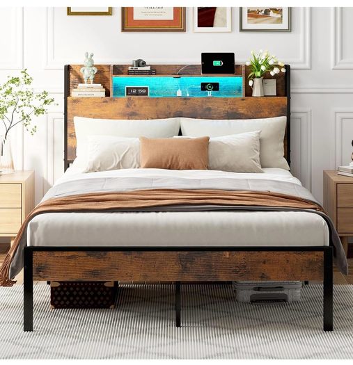 Double Bed Frame with Charging Station(2AC, 2USB) and LED, 135x190 Open Storage Shelves, Wooden Headboard, Metal Small Double Bed Frame with Underbed Storage, Strong Metal Slat Support