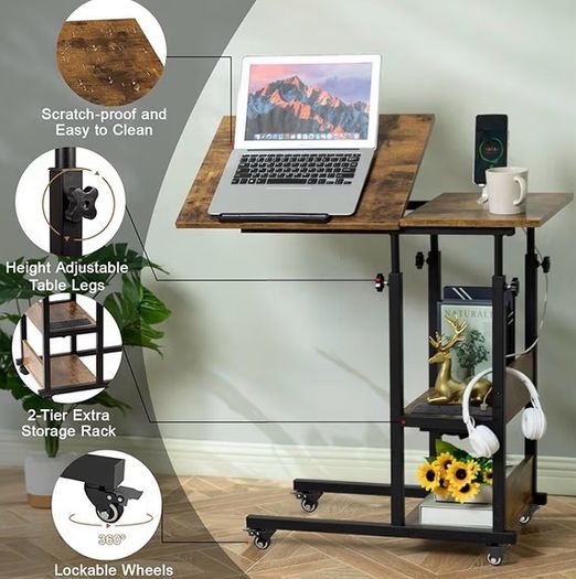 c shaped side table, sofa table with Charging Station, Adjustable Height, c table end table with Storage Space for Living Room, Bedroom, Small Space, Rustic Brown