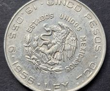 1956 Mexico Hidalgo Silver 5 Pesos coin